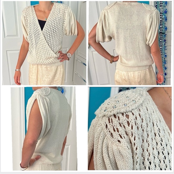 Rare Vintage Silk Blend Crochet Top Neutral w/Subtle Sparkle Accent on Shoulders - Picture 1 of 16